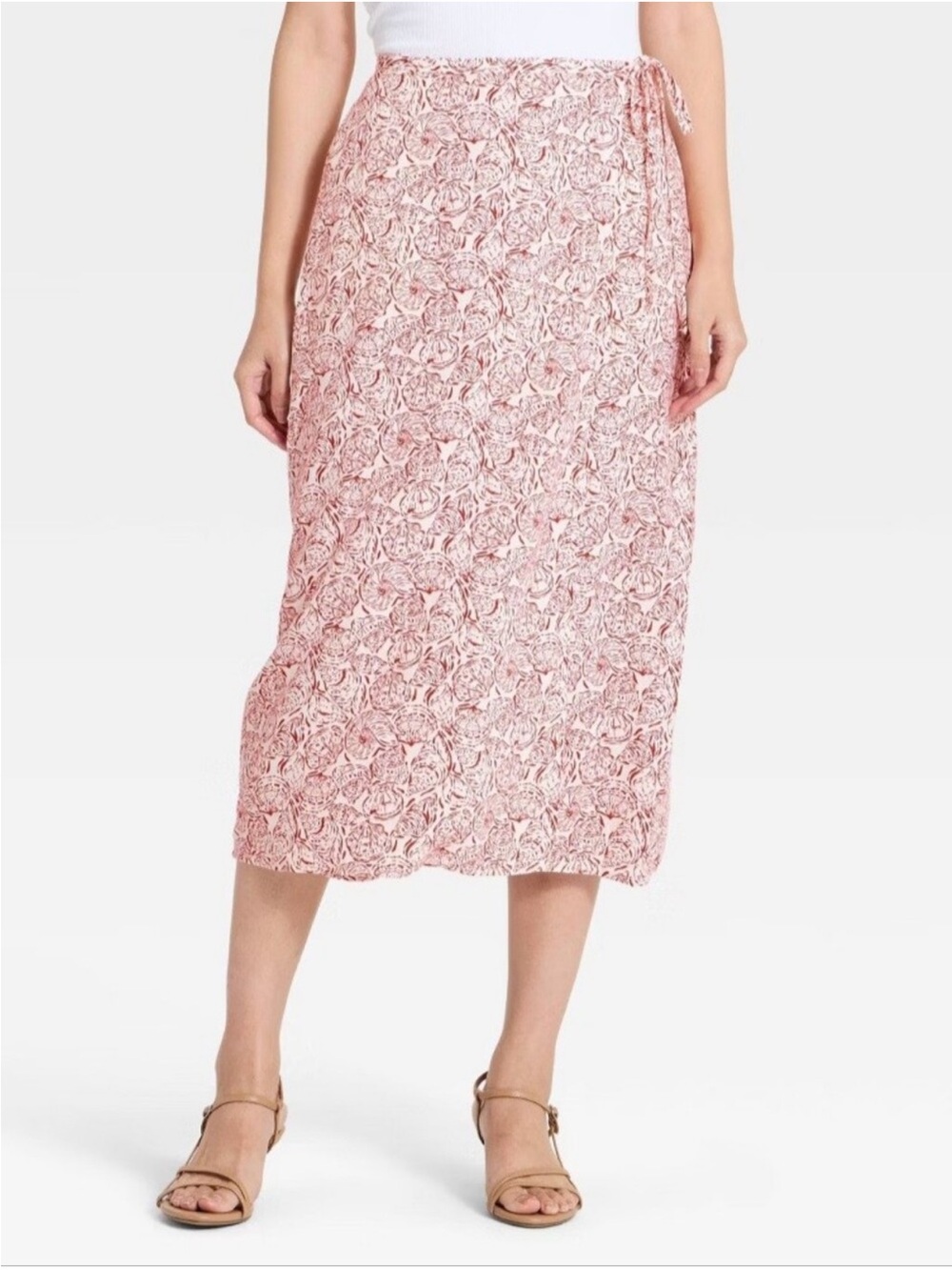 A NEW DAY Linen Red Shells Print Midi Wrap Skirt
